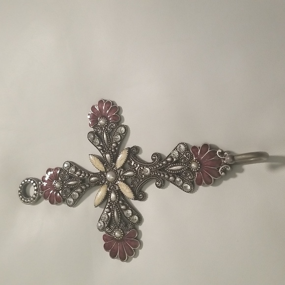 Women's Jeweled Cross Metal Hook Hanger; Size 5x8 inches; Purple Pewter & Beige - Picture 3 of 8
